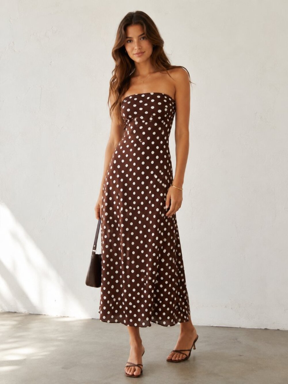 Paper Heart Brown Polka Dot Strapless Midi Dress | Small